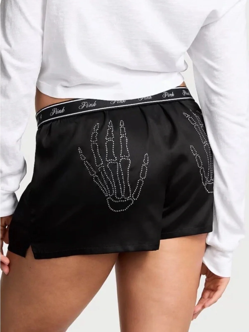 Victoria’s Secret Pink Tencel Boxy Pajama Shorts Black Skeleton Diamante Sequins